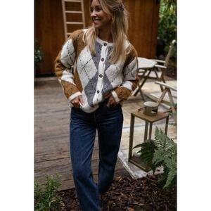 Women's brown checkered Diaz knit cardigan sweater